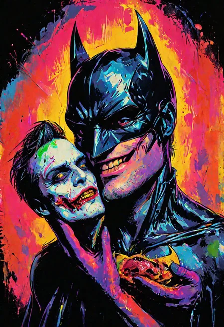 impactful color paint of batman holding the Jokers severed head, highly detailed, vibrant colors , sharp, professional, clear, high contrast, high saturated, , vivid deep blacks, crystal clear <lora:Bold_Pop:0.8>