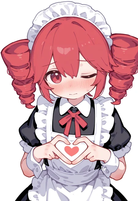 E_0x0194_type2,
kasane teto, 1girl, alternate costume, apron, black dress, blush, closed mouth, dress, drill hair, enmaided, heart, heart hands, looking at viewer, maid, maid apron, maid headdress, neck ribbon, one eye closed, red eyes, red hair, ribbon, short sleeves, simple background, solo, twin drills, upper body, white apron, white background, wrist cuffs
, masterpiece, best quality, good quality,
<lora:best_of_ai_styles_noob-vpred-1.0_v1.337-edm2-pass-long:1>