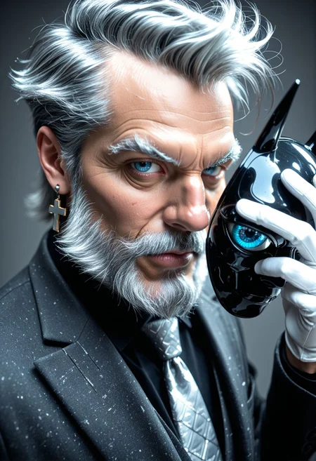 SmoothNoob_Quality, High-contrast, 1boy, old man, full beard, serious, human, messy silver-grey hair, spiky hair, fade hair, close up, dynamic angle, holding mask, polished black chrome mask, horned mask, taking off mask, looking at viewer, energy eye, visible face, luminous blue eye, small cross-shaped earrings, white gloves, tailored suit, black suit jacket, black shirt, necktie,simple background, grey background, particle motes, dramatic lighting, clean lines, <lora:Smooth_Booster_v3:0.7>