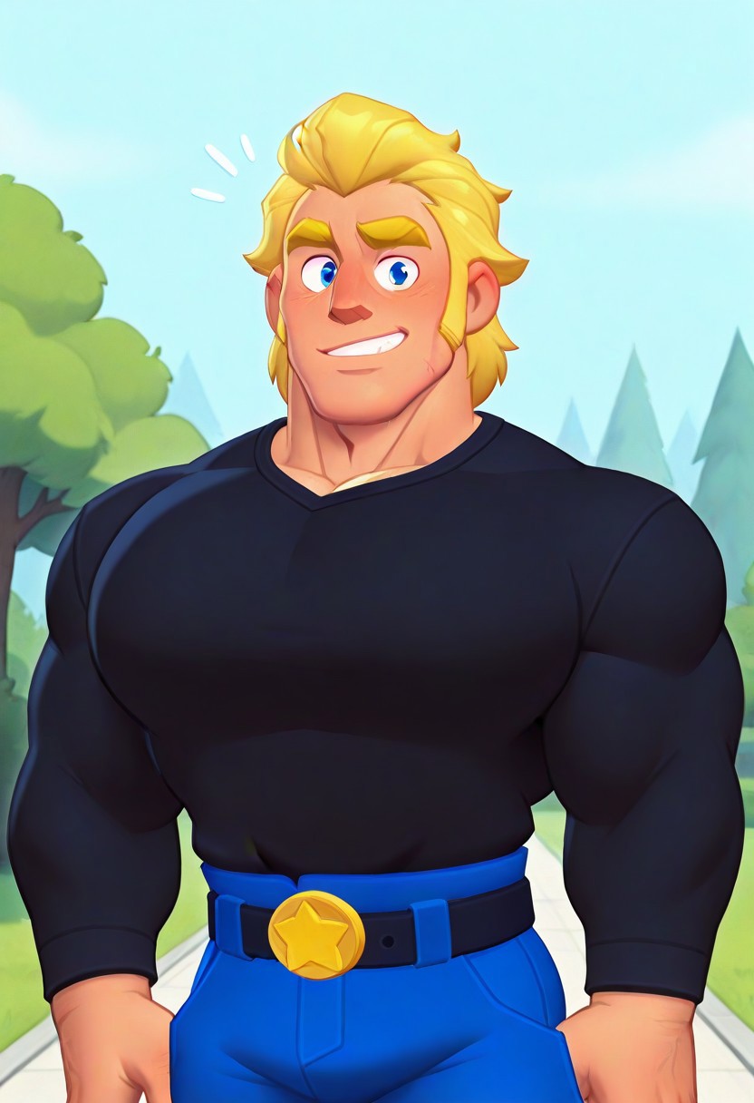 masterpiece, best quality, amazing quality, detailed background, intricate details, park, dynamic, comic_style, cartoon_style, source_cartoon, solo, male focus, 1boy, handsome, Adalbert von Grantz, blonde hair, blue eyes, yellow eyebrows, thick eyebrows, muttonchops, sideburns, long sideburns, muscular male, upper body, black long sleeves over white shirt, belt, belts, blue pants, sultry look, flirting with viewer, smug, parted lips, abstract background, brwlstrs, 2zdxxps, source_cartoon, 2d, {{tall}}, {{long torso}}, huge clavicle, hyper pecs, rugged feature, chiseled face, handsome, manly, cowboy shot