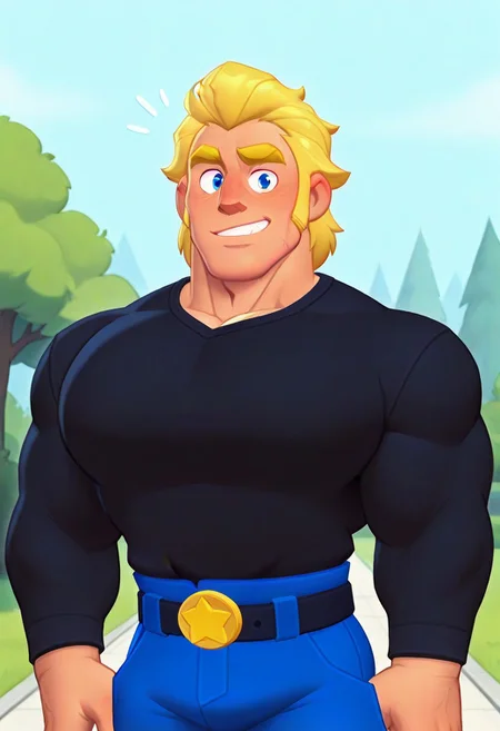masterpiece, best quality, amazing quality, detailed background, intricate details, park, dynamic, comic_style, cartoon_style, source_cartoon, solo, male focus, 1boy, handsome, Adalbert von Grantz, blonde hair, blue eyes, yellow eyebrows, thick eyebrows, muttonchops, sideburns, long sideburns, muscular male, upper body, black long sleeves over white shirt, belt, belts, blue pants, sultry look, flirting with viewer, smug, parted lips, abstract background, brwlstrs, 2zdxxps, source_cartoon, 2d, {{tall}}, {{long torso}}, huge clavicle, hyper pecs, rugged feature, chiseled face, handsome, manly, cowboy shot