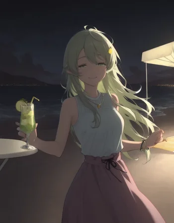 nsfw, highres, best quality, masterpiece, safe pos, lora:748cmSDXL:1, best quality, masterpiece, perfect composition, official art, 748cmstyle, 1girl, necklace, beach bracelets, holding a margarita in a wide brimmed coupette glass, margaarta glass, salted rim, lime green color drink, lime wedge on rim, looking at viewer, cute smile, dynamic pose, standing, beach scenery, seaside, evening, bay, rocks, umbrella, beach chairs, beach lights, city lights in the distance, white plastic table, dark blue sky with orange and pink undertones, clouds, volumetric lighting, perfect lighting, correct illumination, dark lighting, warm light, chiaroscuro,, Expressiveh, Lemon Yakishio, Yellow-green hair, Long, flowing hair, Green eyes, fair skin, Yakishio-themed hair ornaments, Casual, modern clothing, Slightly pointed ears, Youthful appearance, Yakishio Lemon