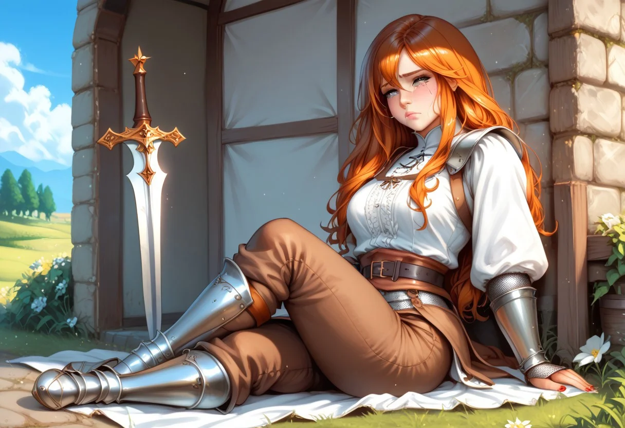 score_9, score_8_up. score_7_up, censored, 
csr style, morimee_style, mythp0rt,
<lora:add-detail-xl:1>, <lora:DetailedEyes_v3:1>,
hdr, hd, hyper realistic, detailed background, 
The background is a misty, medieval landscape,
Create a dramatic and atmospheric image of a knight in full, gleaming armor standing back to a woman, The knight’s armor is intricately detailed, with polished steel reflecting,
1boy, 1girl, full body, detailed skin, realistic skin, detailed skin pore, skin texture style, cute face,
(girl, She wears a simple yet stylish outfit - a fitted, off-white linen shirt tucked into high-waisted, dark brown trousers, with a leather belt cinching her waist, medieval girl, girl on knees, medieval clothes, poor girl, crying face, girl crying, sad face, love, broken heart, red hearts, )
(boy, male, boy back to the girl, boy going away, knight, male in medieval armor, male with sword, field of war, knight in war,)
interesting view, interesting angle,