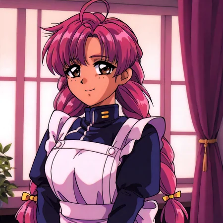 <lora:NBnH_RieMakinoXLIllustrious003>,
masterpiece,best quality,good quality,newest,
detailed background,indoors,
smile,
looking at viewer,
solo,
RieMakino,1girl,pink hair,ahoge,twin braids,long hair,brown eyes,
standing,
maid,