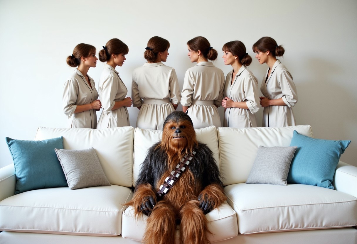 A surreal and comedic scene featuring a wookiee placed on the seat of a pristine white couch in a modern living room. Behind the couch, five time Princess Leia Organa from the movie Star Wars stand side by side, visible from the waist up above the couch’s backrest.  All five  have Princess Leia Organa like hairs and dressed in a princess leia clothes, they are intently staring at the wookiee with an air of determination and rivalry.   The room is brightly lit, with light blue and white cushions accentuating the couch, providing a cozy and modern contrast to the quirky and absurd characters