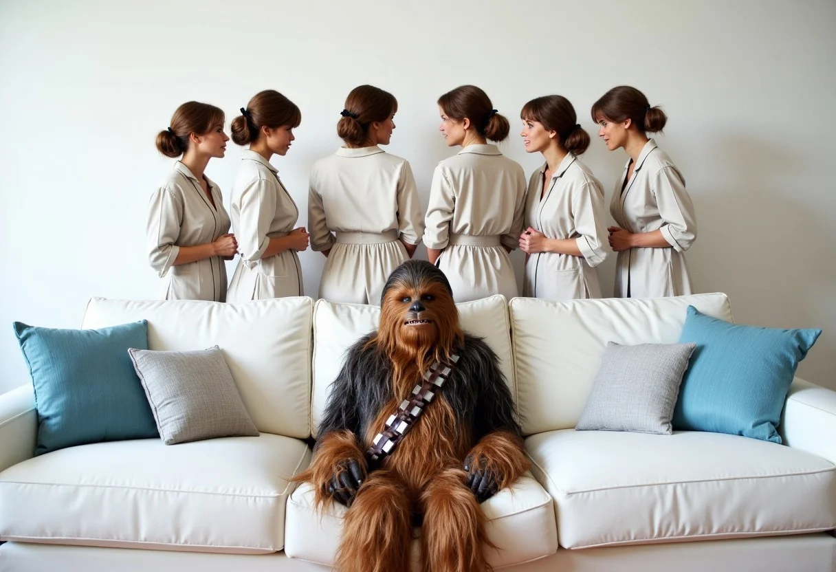 A surreal and comedic scene featuring a wookiee placed on the seat of a pristine white couch in a modern living room. Behind the couch, five time Princess Leia Organa from the movie Star Wars stand side by side, visible from the waist up above the couch’s backrest. All five have Princess Leia Organa like hairs and dressed in a princess leia clothes, they are intently staring at the wookiee with an air of determination and rivalry. The room is brightly lit, with light blue and white cushions accentuating the couch, providing a cozy and modern contrast to the quirky and absurd characters