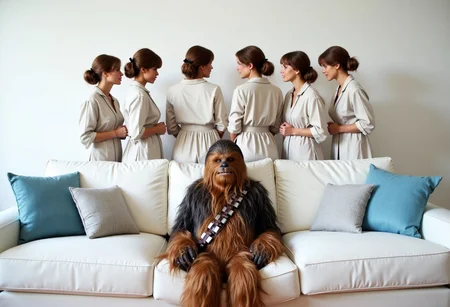 A surreal and comedic scene featuring a wookiee placed on the seat of a pristine white couch in a modern living room. Behind the couch, five time Princess Leia Organa from the movie Star Wars stand side by side, visible from the waist up above the couch’s backrest.  All five  have Princess Leia Organa like hairs and dressed in a princess leia clothes, they are intently staring at the wookiee with an air of determination and rivalry.   The room is brightly lit, with light blue and white cushions accentuating the couch, providing a cozy and modern contrast to the quirky and absurd characters
