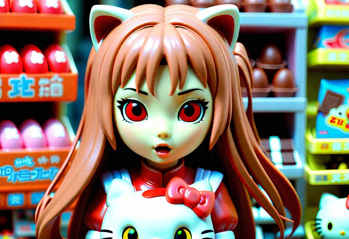 hello kitty kinder eggs (on toy shop) ( 1 woman asian whit hair red,,cute face, asuna yuuki face , eating chocolate)