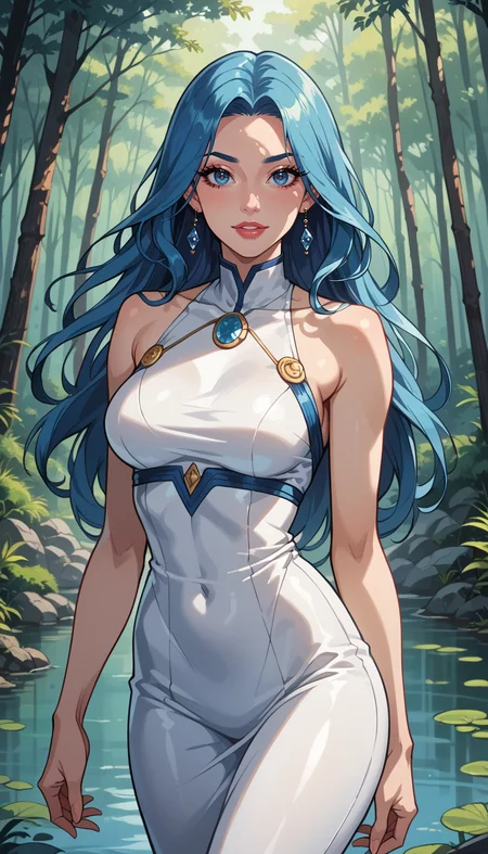 score_9, score_8_up, score_7_up, Western Comics, Cowboy Shot, girl, cute, seductive, innocent, light smile:0.3, plump lips, slender body, azure hair, long hair, detailed eyes, forest, bare shoulders, hanfu, lakes, pure, soft bamboo, depth of field, dynamic angle, fashion photography, sharp, hyperdetailed:1.15