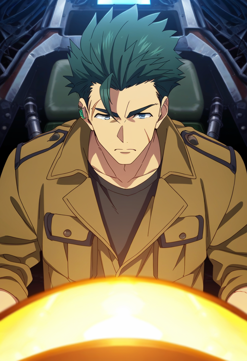 1boy, male focus,
<lora:Character - 86 - Raiden Shuga:1> raidenshuga, green hair, green eyes, scar, ear piercing,
((zPDXL)), best quality, amazing quality, best aesthetic, absurdres, year2023, nsfw, game cg, official art, official style,  uncensored, anime screencap,
on cockpit, brown jacket, black undershirt, serious, facing viewer,