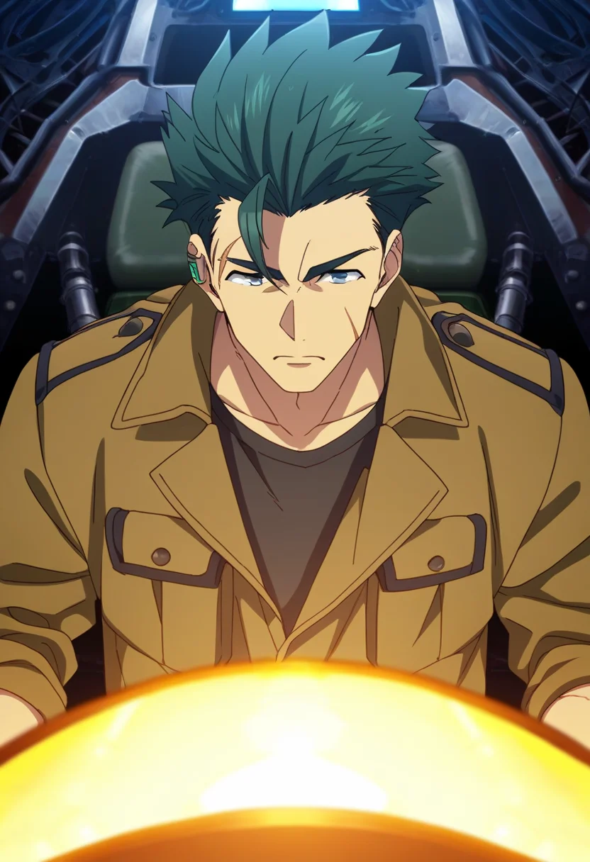 1boy, male focus,
<lora:Character - 86 - Raiden Shuga:1> raidenshuga, green hair, green eyes, scar, ear piercing,
((zPDXL)), best quality, amazing quality, best aesthetic, absurdres, year2023, nsfw, game cg, official art, official style,  uncensored, anime screencap,
on cockpit, brown jacket, black undershirt, serious, facing viewer,