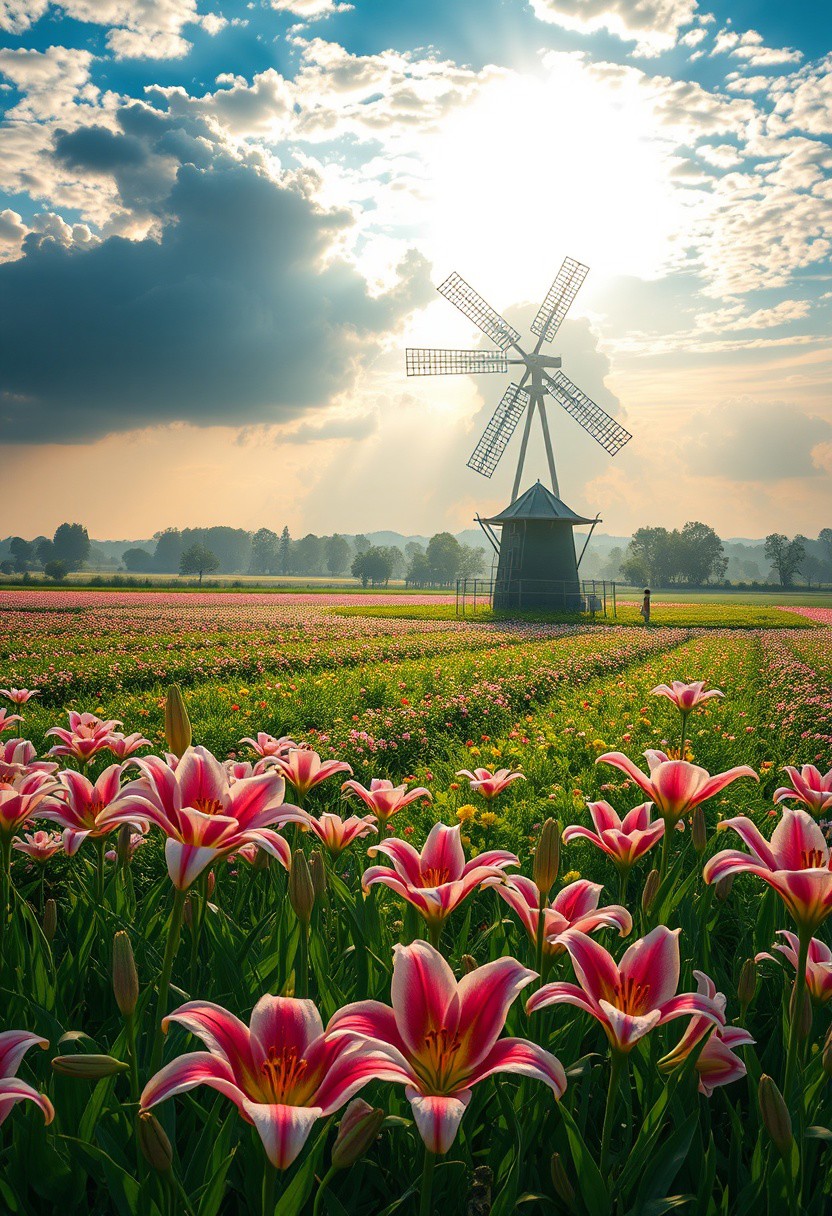 detailed background, from above,( Calm spring morning landscape), beautiful view, Flower Field, lily flower in full bloom, lily flower, early morning, sunrise sky, beautiful clouds, dappled sunlight, 
I can see a windmill in the distance, 
depth of field, masterpiece, best quality, ultra-detailed, very aesthetic, illustration, perfect composition, intricate details, absurdres, moody lighting, wisps of light, no humans,