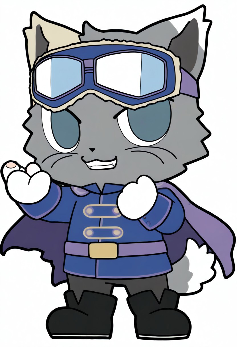 cat, 1boy, solo, male focus, chibi, furry male, furry, grey fur, goggles, goggles on head, animal ears, blue eyes, cape, jacket, gloves, white gloves, boots, black footwear, tail, full body, grin, white background, high quality