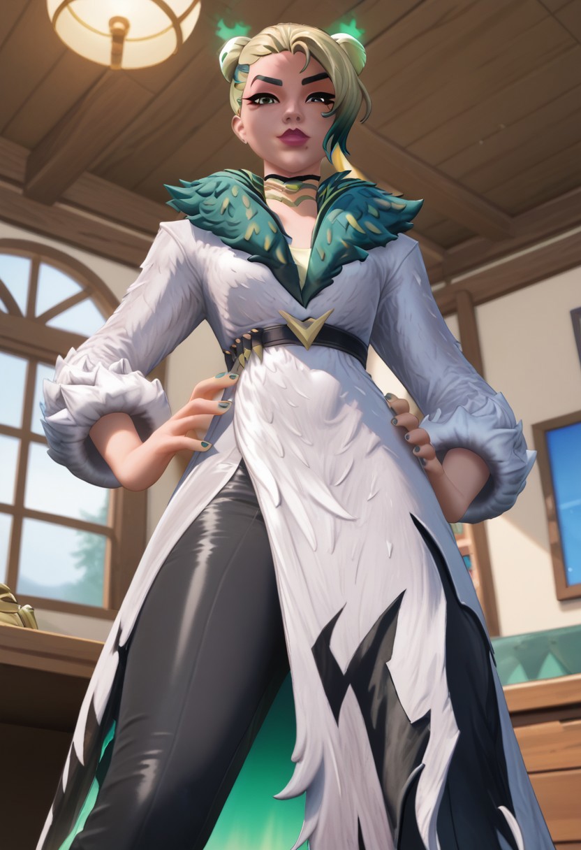Valeria, white dress, cut dress, black pants, triple hair buns, mole below right, eye, indoors, looks at viewer