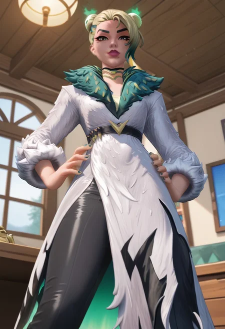Valeria, white dress, cut dress, black pants, triple hair buns, mole below right, eye, indoors, looks at viewer