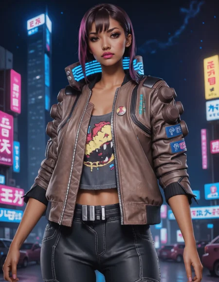 anime artwork a gorgeous fashion model, woman, crossed arms, wearing a brown cyberpunk Samurai jacket, pink lips, looking at viewer, black jeans, grey crop top, standing in a busy city street, black hair, sleeves up, night, night sky, large cityscape, neon signs, highly detailed, professional, 4k, <lora:CyberpunkSamuraiJacketSDXL:0.75> . anime style, key visual, vibrant, studio anime, highly detailed