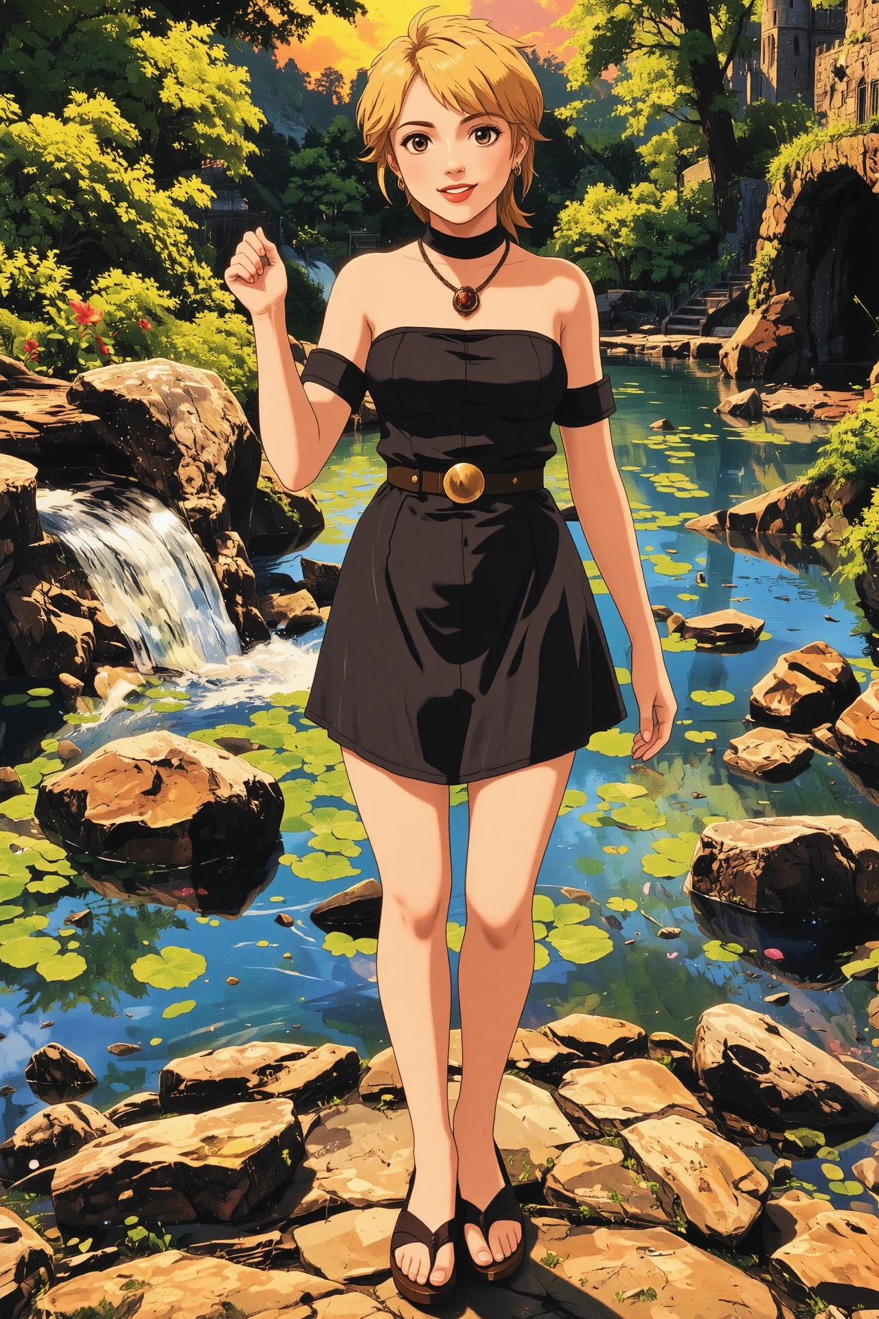 spiky hair blonde hair young woman, druid, anime, comic, illustration, extremely detailed, portrait, standing, happy smile, flower in hair, glossy lipstick, celtic necklace, stud earrings, loincloth, sandals,  Metallic Gray druid short dress, legs, sharp focus, fantasy, celtic landscape, small rock, moss, ripples, reflections, celtic  castle, small river pond, druid forest, druid village, stunning nature environment, enchanted land, clovers, Bright Bisque flowers, best quality, colorful, wet floor, bright sunny sky, sunset, raytracing, hdr, high contrast, ethereal natural lights, backlight, lens flare, shadows, vibrant colors, colorful, pretty, beautiful, happy, smiling, feminine, sexy, lovely, in love, adorable, fashion,  <lora:Hand v2:1> <lora:Anti-Blur:1><lora:Insane Detail Slider:0.5>  <lora:flux.1_lora_flyway_Epic-detail_v2:0.3><lora:fluxenhancer:0.5> <lora:RetroAnimeFluxV1:0.4> <lora:Luminous_Shadowscape:0.4> <lora:SujatmikoArafuru_Flux:0.2> Suzume style