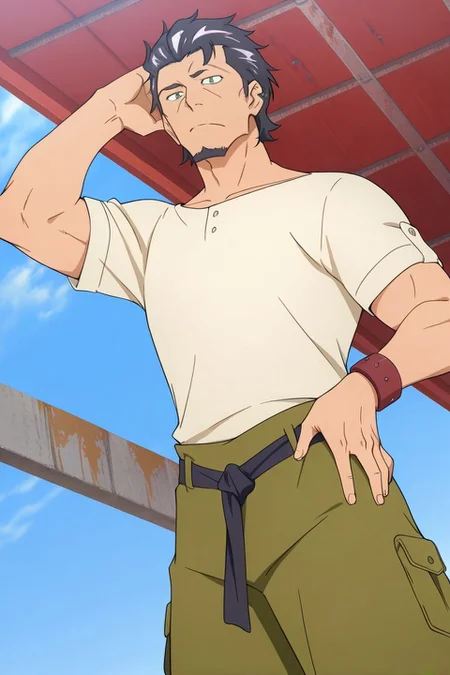 safe_pos, score_9, score_8_up, score_7_up, score_6_up, perfect anatomy, perfect proportions, best quality, masterpiece, high_resolution, high quality, best aesthetic, incredibly absurdres, highres, extremely detailed, huge filesize, solo male, adult, mature, masculine, manly, handsome, charming, alluring, standing, upper body, dutch angle, cowboy shot, source_anime \(Deca Dence\), anime coloring \(Deca Dence\), Kaburagi \(Deca Dence\), DDKaburagi, black hair, grey hair streak, multicolored hair, hair slicked back, facial hair, goatee, green eyes, sanpaku, constricted pupils, eyebrow slit, scar, DDKaburagi_outfit02, white shirt, wide necked shirt, short-sleeved shirt, sleeves tucked up and buttoned, shirt tucked-in, olive work pants, wide pants, black tied belt, tied belt, left leather bracelet, brown boots, blue sky, day, rusty iron wall, ((view from below, single hand behind head))
