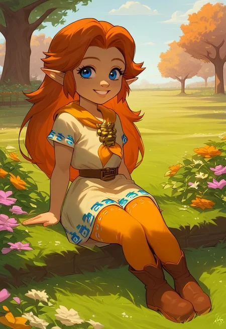 (((score_9, score_8_up, score_8, solo, female, malon, short sleeves, boots, belt, malon dress, malon skirt, brown belt, yellow neckerchief, orange long stockings, female, cute, cub, young cub, young))), (((eye lashes, brown hair, blue eyes))), (masterpiece, best quality, hires, high resolution:1.2), rating_explicit, detailed background, (((garden, tree, outdoors, grass, orange long stockings))), (((smile, suggestive, looking at viewer))) (((laying on grass, side, orange long stockings})), (((female, solo))),