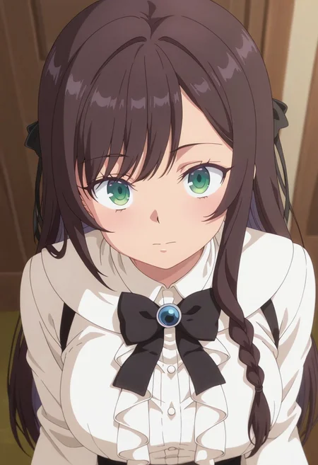 masterpiece,best quality,amazing quality, clover alina, dark brown hair, green eyes, long hair, 1girl, solo, braid, bow, frilled shirt, bowtie, shirt, black bowtie, frills, black bow, looking at viewer, white shirt, long sleeves, swept bangs, anime coloring
