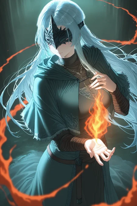 1girl, firekeeper, dark souls, ds3, fire in hands, hands, fire magic, pyrokinesis, ailasagna, masterpiece, best quality, high quality, highly detailed, good quality, newest