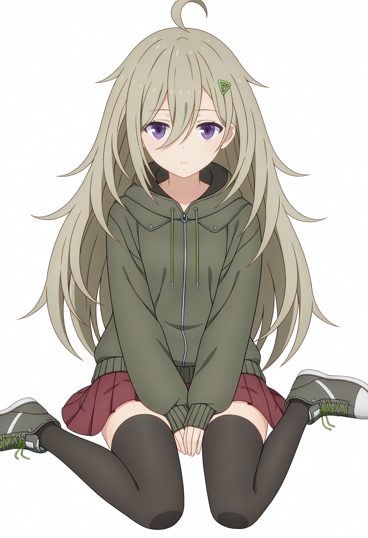Tsutsuji HIGA,solo,thighhighs,skirt,full body,simple background,white background,hair ornament,looking at viewer,black thighhighs,shoes,red skirt,pleated skirt,sneakers,long sleeves,jacket,closed mouth,hood,sleeves past wrists,zettai ryouiki,brown hair,hood down,hoodie,
<lora:Tsutsuji HIGA_illustrious-000036:1>,long hair,wariza,sitting,expressionless,expressionless,from_above
