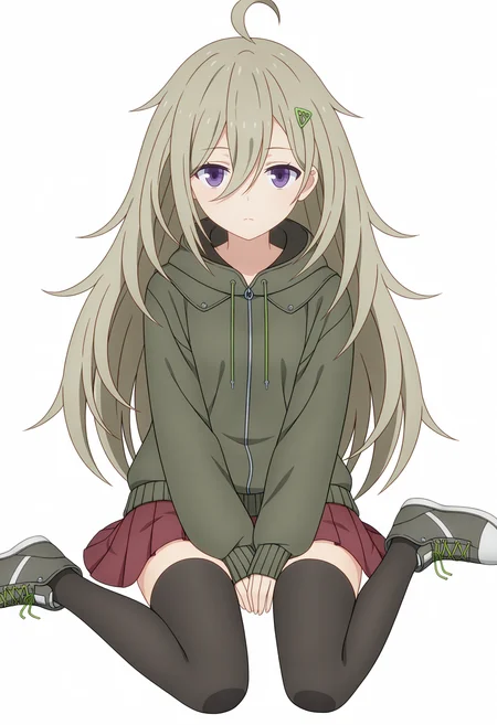 Tsutsuji HIGA,solo,thighhighs,skirt,full body,simple background,white background,hair ornament,looking at viewer,black thighhighs,shoes,red skirt,pleated skirt,sneakers,long sleeves,jacket,closed mouth,hood,sleeves past wrists,zettai ryouiki,brown hair,hood down,hoodie,
<lora:Tsutsuji HIGA_illustrious-000036:1>,long hair,wariza,sitting,expressionless,expressionless,from_above