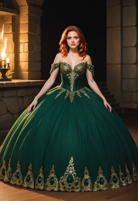 score_9, score_8_up, score_7_up, rating_safe, Fixhand,
concept art, realistic, dark theme, low light, 1girl, solo.
Ginger hair, Blue eyes.
CrinolineDress. Green dress.