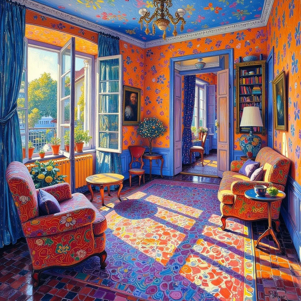 style of Paul Signac,flowers,indoor,sofa