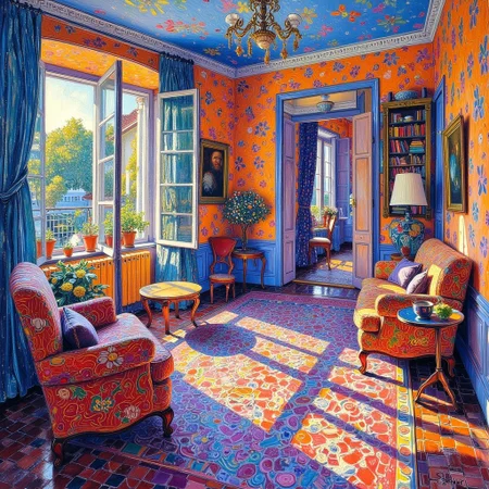 style of Paul Signac,flowers,indoor,sofa
