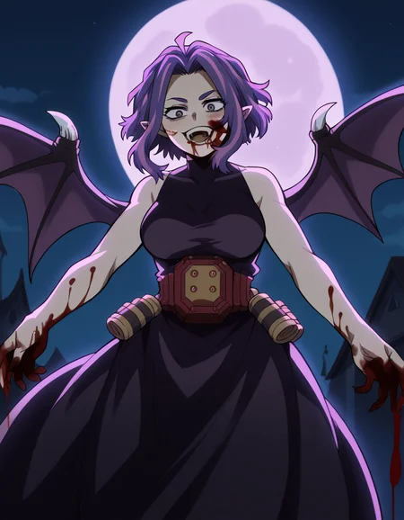 score_9, score_8_up, score_7_up, source_anime, <lora:kaina-tsutsumi-s5-ponyxl-lora-nochekaiser:1>, kaina tsutsumi, purple hair, pink hair, streaked hair, purple eyes, short hair, parted bangs, large breasts,, <lora:vampire-ponyxl-lora-nochekaiser:1>, vampire, red eyes, pointy ears, fangs, black dress, wings, blood, blood on face, blood on mouth, bat (animal), halloween, halloween costume, upper teeth only, night, moon, blush, smile, open mouth, , dutch angle, cowboy shot
