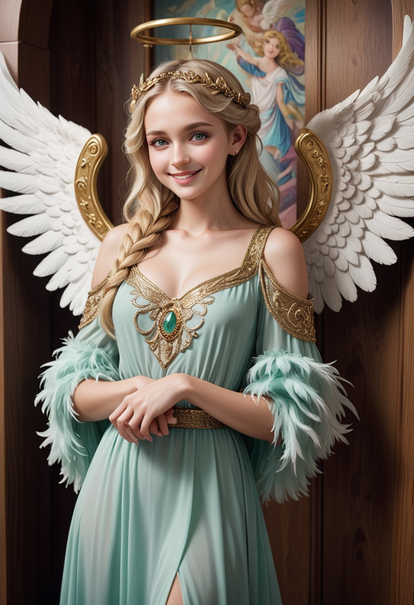 (medium full shot) of (ethereal angel with feathered wings and an angel halo) young woman, Average build, medium blonde dutch braid hair, indian, tan skin, jade green eyes,  wearing a diadem adorned with sparkling gemstones, soft purple seraphic dress with flowing sleeves, celestial stockings, gold heels, bearing a golden lyre, its music echoing heavenly melodies, set in  church Vestibule, Transitional space with tiled floors, coat hooks lining the walls, a wooden umbrella stand, a holy water font, a notice board displaying upcoming events  , woman smiling, detailed face, ,Masterpiece,best quality, photo, realistic, very aesthetic