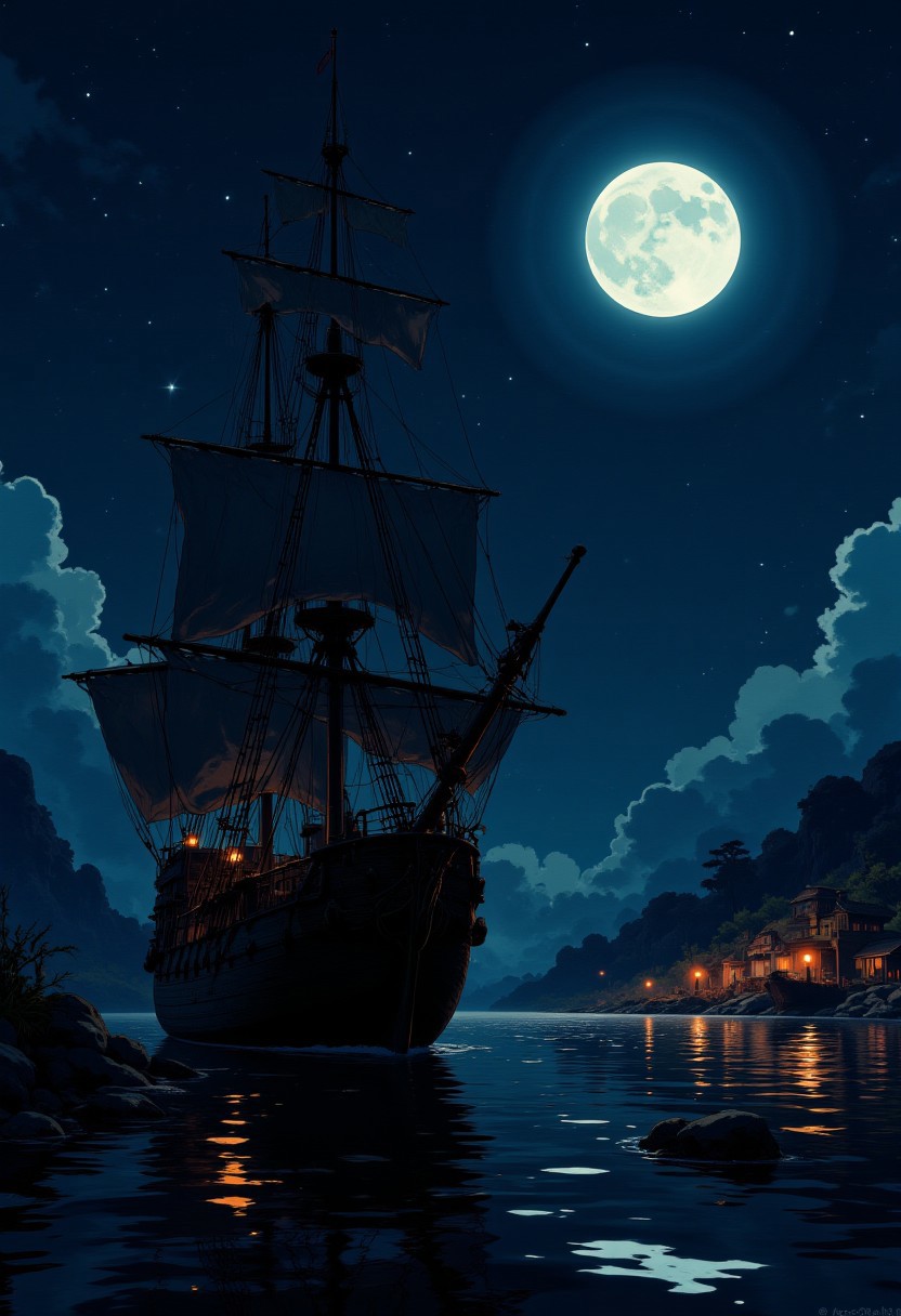 image of a tall-masted 16th century galleon at anchor in front of a distant pirate port, silhouetted under moonlight, dark sky with stars, dim lighting illuminating the pirate settlement j_art