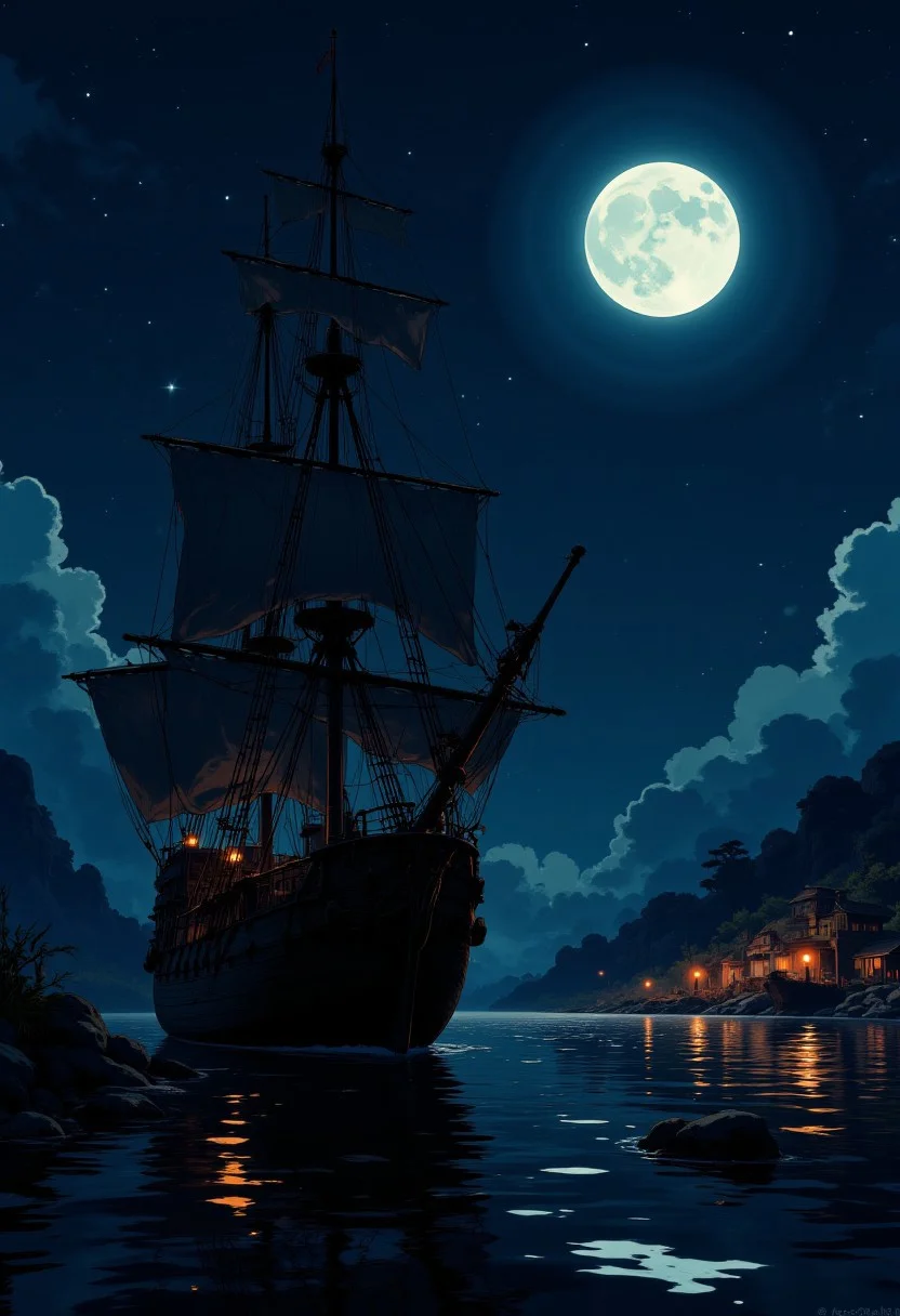 image of a tall-masted 16th century galleon at anchor in front of a distant pirate port, silhouetted under moonlight, dark sky with stars, dim lighting illuminating the pirate settlement j_art