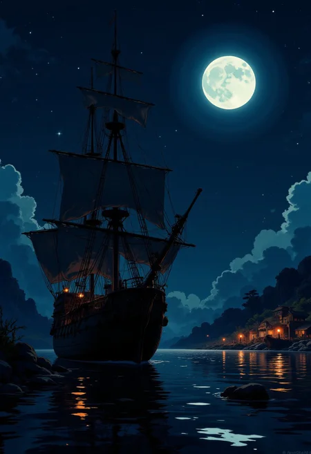 image of a tall-masted 16th century galleon at anchor in front of a distant pirate port, silhouetted under moonlight, dark sky with stars, dim lighting illuminating the pirate settlement j_art