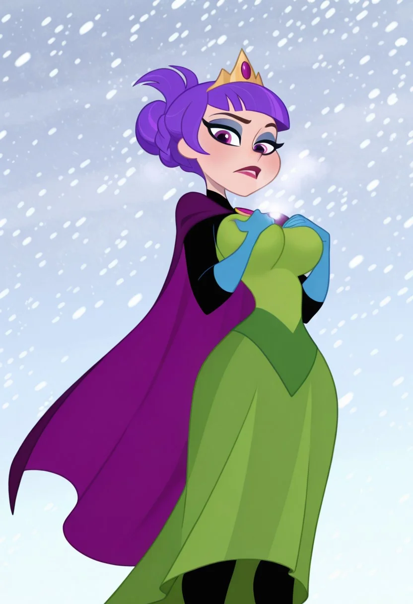 brucetimm, DCSG-Style, solo, ZeeZ, ZeeZ Normal, Purple Hair, Purple eyes, blunt bangs, braid, lips, makeup, lipstick, purple cape, brooch, eyeshadow, shirt_under_dress, long sleeves, blue gloves, elbow gloves, green skirt, long skirt, black leggings, tiara, seductive slutty wondered face, hair up, looking at viewer, standing, low angle, hands touching breasts, hands squeezing breasts, big breasts, hands push up press breasts, outside, winter, snow, wind, blizzard, long fingers,<lora:DC_super_hero_Girls:.6> <lora:Elsa_-_Disney_Illustrious:.8><lora:Bruce_Timm_Pinup_Girls_Illustrious:.6>, masterpiece, best quality, very aesthetic, absurdres, high resolution, ultra detailed, perfect details,8K,