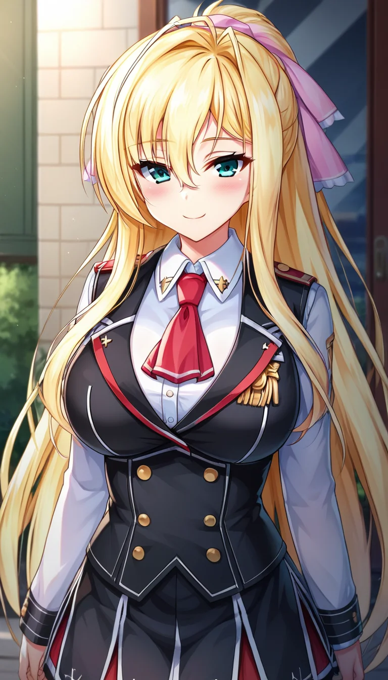score_9,score_8_up,masterpiece,best quality,correct anatomy,anime_source,1girl,solo,perfect eyes,perfect arms,perfect legs,perfect face,outdoors,upper body,(portrait:1.5),looking at viewer,facing viewer,smile,blush,Yurifina Sol Eleanord,very long hair,blonde hair,ponytail,hair ribbon,pink ribbon,sidelocks,hair between eyes,bangs,aqua eyes,uniform,red ascot,black vest,white shirt,collared shirt,long sleeves shirt,large breasts,black thighhighs,miniskirt,black skirt,frilled skirt,pleated skirt,zettai ryouiki,black thighhighs,loafers,black footwear,<lora:Yurifina Sol Eleanord(uq)-Pony:1.4>,