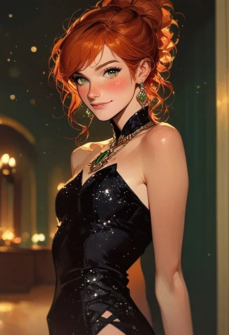 masterpiece,best quality, highly detailed, score_9, score_8_up, score_7_up, score_6_up, source_cartoon,
BREAK,
1girl, Mary Jane, Marvel, green eyes, orange hair, freckles, 1girl, blush, looking at viewer, short dress, mini black dress, glitter on black dress, sparkling dress, bare shoulders, slightly smile, full figure, depth of field, Ball background, earrings, night, indoors, gala background, gala, Aristocratic Soirée, Elite Gathering people background, Semi-realism, closed mouth, bokeh, hands behind her back, from front, leaning to viewer,