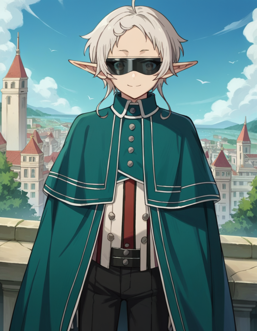 score_9, score_8_up, score_7_up, source_anime,
sylphy, <lora:sylphiette-s2-ponyxl-lora-nochekaiser:1>,
sylphy, short hair, ahoge, white hair, pointy ears, elf,
sunglasses, pants, capelet, black pants, cape,
outdoors, cityscape, smile,
looking at viewer, dutch angle, cowboy shot,