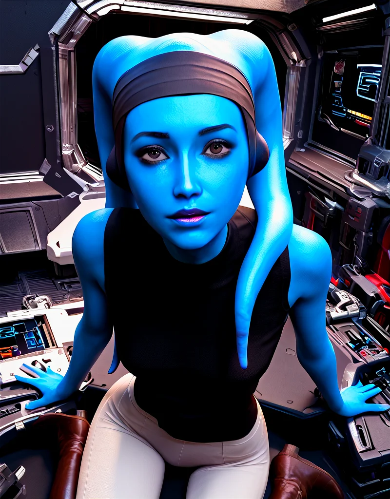 8k UHD, 1440p, hires, score_9, score_8_up, score_7_up, score_6_up, score_5_up, source_photo, amateur_photo, realistic, explicit, solo, intricate detail, perfect eyes, face focus, Mission-Vao, VaoM, KOTOR, Twi'lek, Lekku, alien, colored skin, blue skin, hairband, 1girl, solo, round face, puffy eyes, brown eyes, slim hips, thin legs, from above, cute, black shirt, vest, pants, boots, in cockpit <lora:Expressive_H:1> <lora:PerfectEyesXL:0.7> <lora:Pony_Mission-Vao_V1:1>