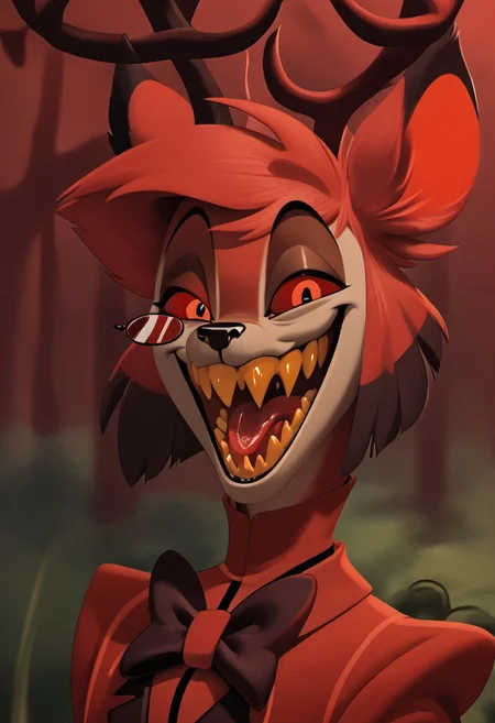 score_9, score_8_up, score_7_up, score_6_up, masterpiece, solo, ((detailed eyes, detailed face, detailed fur, 
BREAK
Great Prince of the Forest, GPotF, deer, buck, disney, antlers, red fur, beige markings, brown eyes, brown eyelids, brown eyeshadow, eyeliner, black eyebrows, anthropomorphic deer, furry, anthro deer, animal focus, alastor_hh, alastor \(hazbin hotel\), solo, red theme, 1boy, red eyes, bow, smile, looking at viewer, evil smile, grin, short hair, bowtie, horror, monocle (theme), sharp teeth, yellow teeth, laughing, open mouth
<lora:add-detail-xl:1.0>