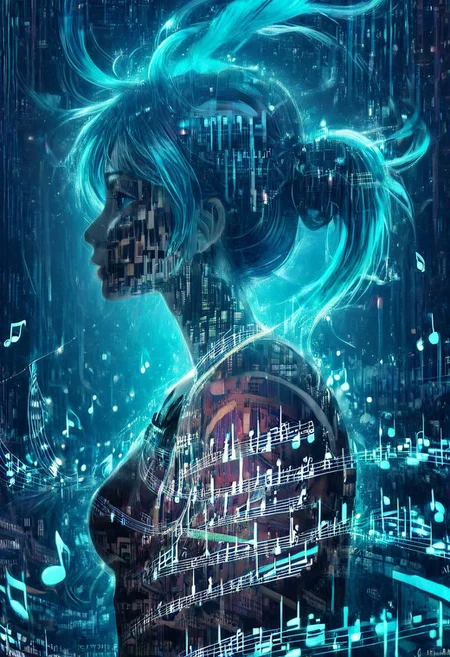 double exposure of opera diva Hatsune Miku with long floating twintails singing high note merging with a printed circuit board of Yamaha electronics circuitry chip processor motherboard, full of details, positive emotional, masterpiece, fairytale, <lora:DoubleExposure:1>, <lora:Hatsune_Miku_for_SDXL_V1.0:0.7> (head, Hatsune Miku singing high note, floating hair, twintails, blue hair, blue eyes, very long hair:2), (portrait, close up:1.6), <lora:The Phantom of the Opera style:1.5> The Phantom of the Opera style, <lora:loraeyesxl:0.4>