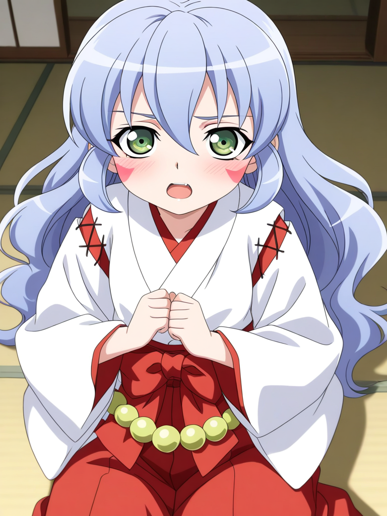general,highres, ultra-detailed,very aesthetic,best quality ,best hands, BREAK <lora:Nazuna_Onmyou_Taisenki_Ver2.0_IS:0.8>Nazuna, long hair,
wavy hair,
1girl, solo, japanese clothes, miko, green eyes, red hakama, long hair, skirt, open mouth, hakama, blue hair, blush, hakama skirt, long sleeves, facial mark,
red triangle facial mark, hair between eyes,white kimono,cross-laced sleeves,long sleeves, wide sleeves, red hakama pants, red layered waist bow, yellow waist beads,