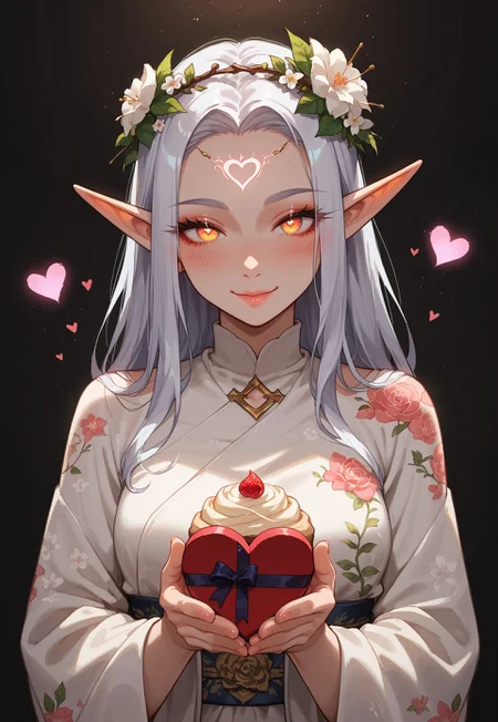 score_9, score_8_up, score_7_up, source_anime,
 1girl, woman, elf girl, golden bands, blushing, heart, cowboy shot, beautiful face, thick eyelashes, glowing white eyes, elf ears, long flowy silver hair, cute smile, dark eyeshadow, glowing shoulders tattoos, glowing tattoos, floral decoration in hair, nighttime, shinning moon, blush, white floral kimono, cupcake (red colour, heart shaped, holding with both hands) Japanese theme, Valentine's theme, portrait shot.