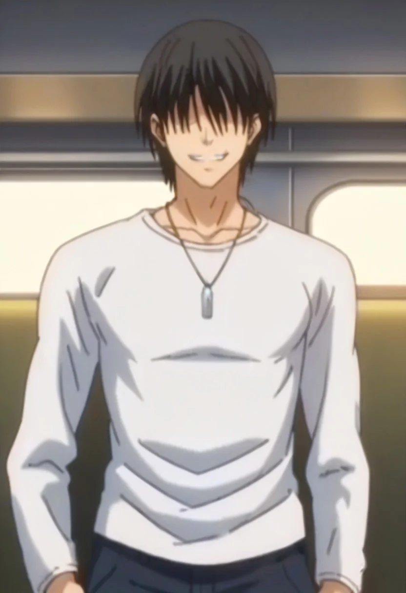 ((masterpiece)), ((best quality)), ((ultra-detailed)), ((absurdres)), score_9_up, score_8_up, score_7_up,
HD, top quality, best quality, amazing quality, High-quality illustrations, anime screencap, source_anime, best aesthetic, perfect proportions, perfect eyes, 1boy, 1male, solo boy, solo male, male focus, solo male focus, Anime, boy, male anime character, anime boy, handsome, cute, charming, sexy, Mamoru Kaminuma, black hair, long bangs, hair over eyes, hidden eyes, ((smug grin)), ((very tall body, very tall height)), ((fit body, lean body, mature appearance, mature body)), necklace, white t-shirt, ((long sleeves)), black pants, ((inside a train, inside japanese train)), ((cowbky shkt, head to hips shot))