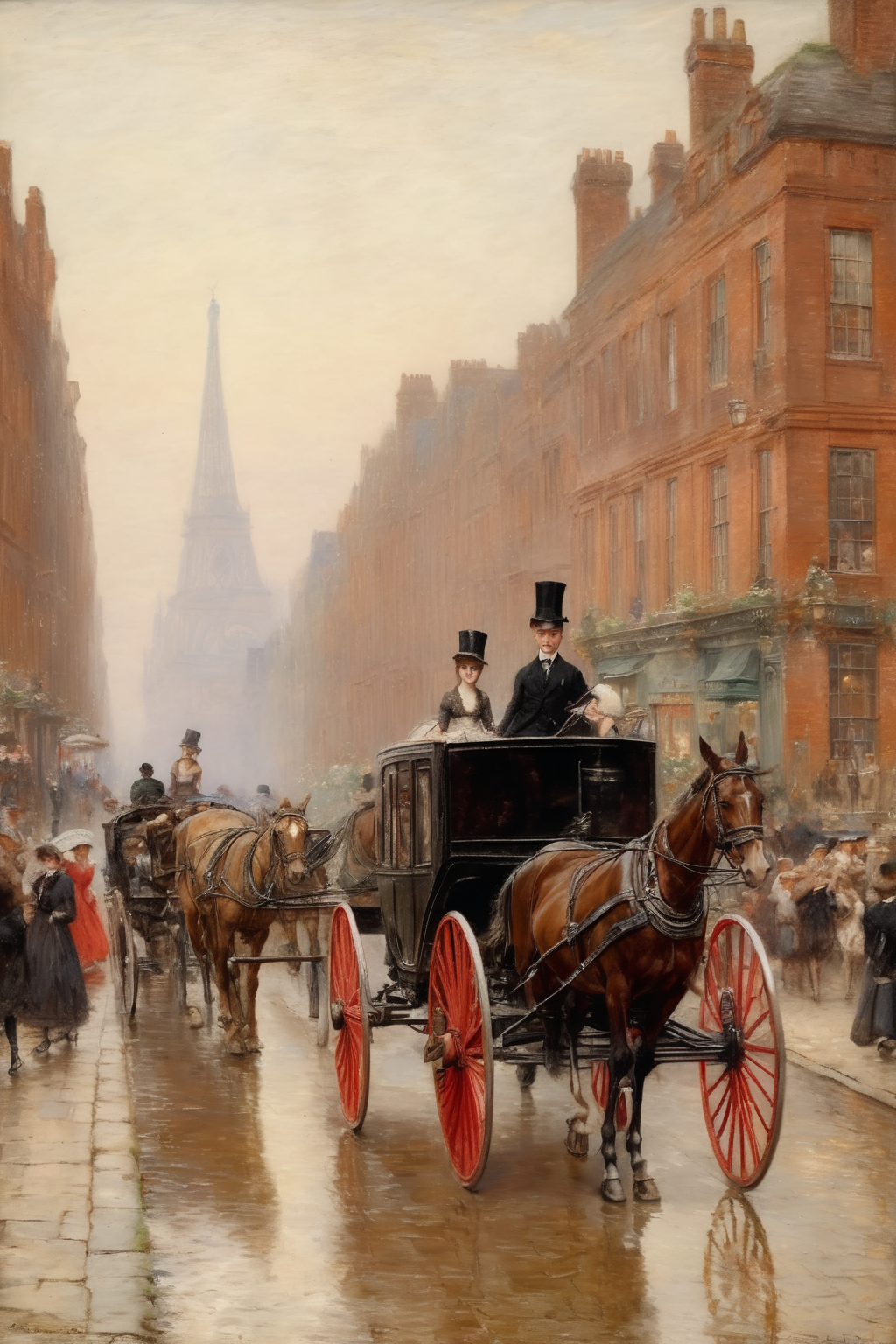 <lora:Alfred Augustus Glendening style:1>Alfred Augustus Glendening style - A bustling city street filled with horse-drawn carriages and fashionable pedestrians.