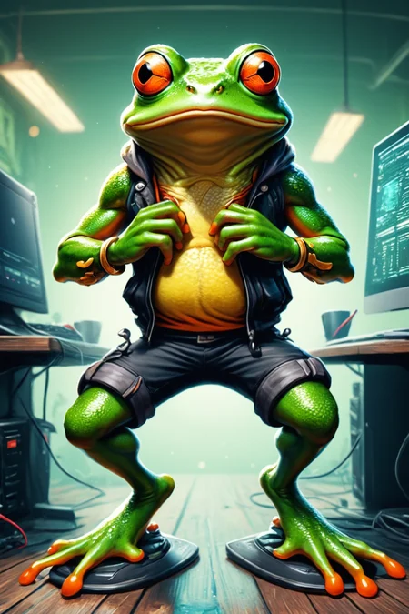 Detailed digital illustration of an anthro Frog (Balancing on one leg, showcasing stability) at a Virtual reality hacker den with chaotic interfaces, <lora:xl_more_art-full_v1:0.5>,  <lora:anthro_muscular:0.7> , <lora:madpunk:0.4> madpunk