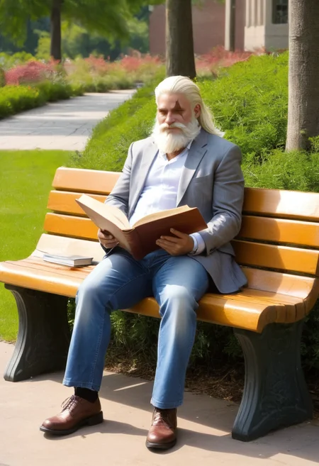 reinhardt sits on a park bench reading a book,smiling,full body,<lora:xl-reinhardt-000012:0.8>,scar across eye,beard,white hair,