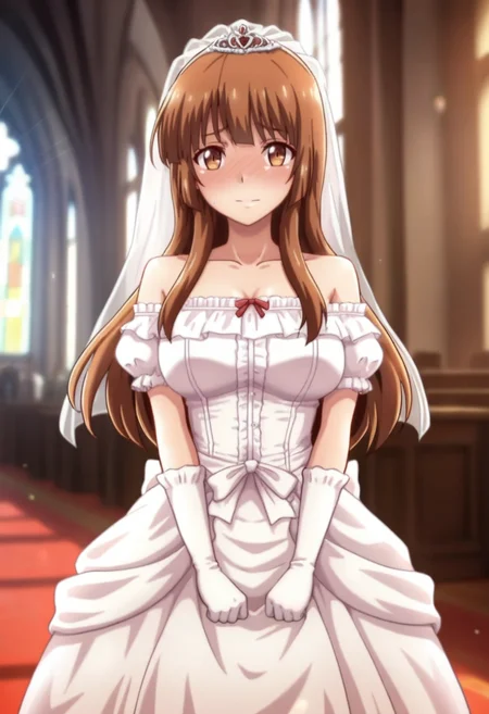 masterpiece, best quality, amazing quality,ayumi nonokura, brown eyes, brown hair, long hair, 1girl, solo,breasts,gloves,short gloves,puffy sleeves,wedding dress,closed mouth, nose blush, veil, bride,bridal veil,standing, looking at viewer, cowboy shot, indoors, church, blurry background<lora:ayumi nonokuraV1:1>