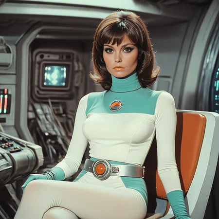 <lora:70sSci-FiMovieSDXL:1> ArsMovieStill, movie still from a 1970s technicolor Sci-Fi movie, The image is a portrait of a woman sitting on a chair in a futuristic space station. She is wearing a white and turquoise outfit with a high neckline and long sleeves. The outfit has a silver belt with a red and orange logo on it. The woman has shoulder-length dark hair styled in a bob with bangs and is looking directly at the camera with a serious expression. The background is blurred but it appears to be a control room with various electronic devices and equipment. The overall mood of the image is futuristic and futuristic., 1girl, solo, gloves, brown hair, sitting, elbow gloves, breasts, dark skin, belt, looking at viewer